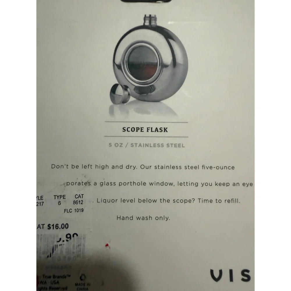 Viski Scope Flask 5 oz Polished Stainless Steel with Glass Porthole Window 3217
